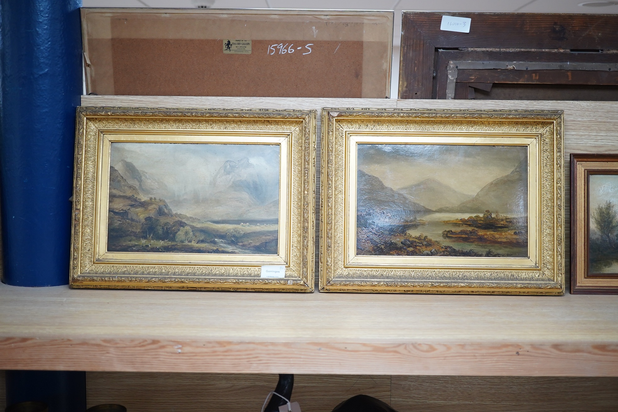 English School c.1900, a pair of oils on panel, landscape scenes, gilt framed, 19x30cm. Condition - good, minor losses to frames